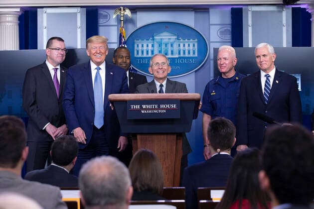 Director of the National Institute of Allergy and Infectious Diseases at the National Institutes of Health Dr. Anthony Fauci, center, joined by United States President Donald J. Trump and members of the Coronavirus Task Force, makes remarks on the Coronavirus crisis in the Brady Press Briefing Room of the White House in Washington, DC on Saturday, March 21, 2020. Copyright: xStefanixReynoldsx