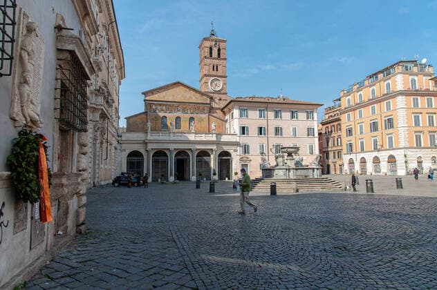 NO FRANCE - NO SWITZERLAND: March 10, 2020 : Santa Maria in Trastevere Square empty, for the restrictions of epidemic Covid19, in Rome.  Copyright: x& xa9;MASSIMILIANOxMIGLIORATO CPx xCatholicxPressxPhotox