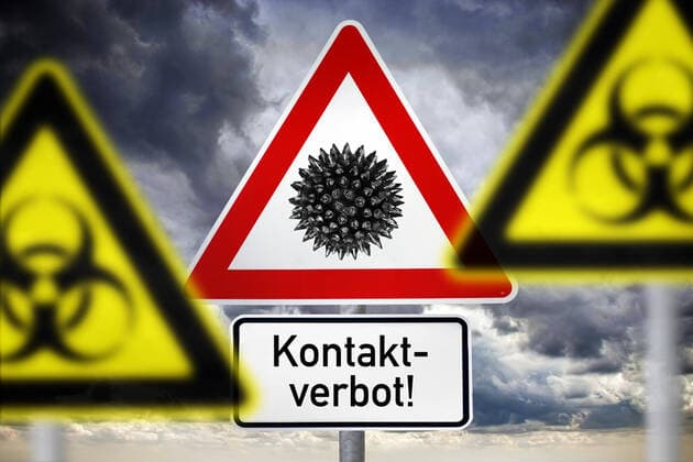 PHOTOMONAY, biohazard signs and danger signs with the inscription contact prohibition, symbol photo Coronavirus ** NUR FUER REDAKTIONELLE ZWECKE ** EDITORIAL USE ONLY **