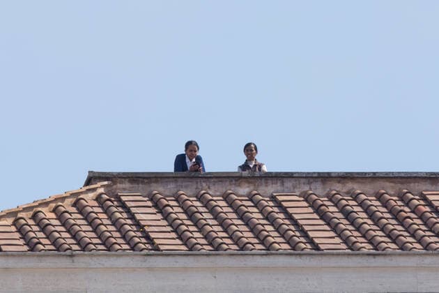 Rome: Pope Francis at window in days of Covid-19 Pope Francis after the recitation of the Angelus prayer in live streaming from the Library of the Vatican Apostolic Palace looks out the window observing St. Peter s Square empty of people, on the morning of Sunday 22 March 2020 Roma Italy Copyright: MatteoxNardone