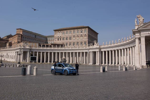 Rome: Pope Francis at window in days of Covid-19 View of Piazza san Pietro when Pope Francis after the recitation of the Angelus prayer in live streaming from the Library of the Vatican Apostolic Palace looks out the window Roma Italy Copyright: MatteoxNardone