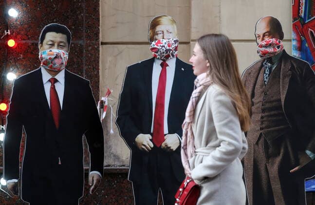 MOSCOW, RUSSIA - MARCH 22, 2020: Cardboard cutouts of Xi Jinping, Donald Trump and Vladimir Lenin with face masks on, amid the ongoing COVID-19 pandemic. Sergei Savostyanov TASS  TS0D30E5