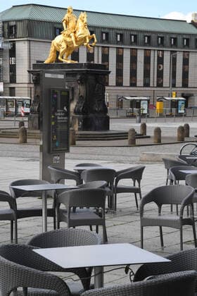 GER Dresden because of the exit restrictions due to the corona pandemic epidemic Disease Disease in Dresden city centre squares and streets are empty like here the Neustader Markt with the Golden Horseman and empty outdoor terrace of the ice cream cafe Venezia 22 03 20 220320 ddbd