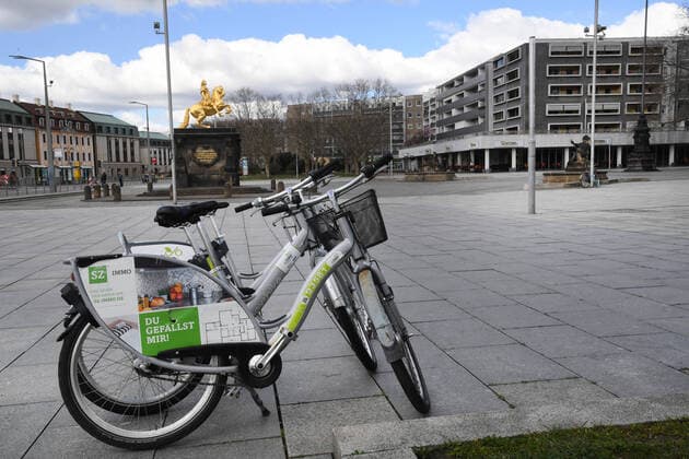 GER Dresden because of the initial restrictions due to the corona pandemic epidemic disease disease are in the center of Dresden squares and streets are empty like here the Neustaedter market with the Golden Rider and rental bikes 22 03 20 220320 ddbd