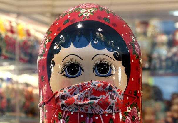 MOSCOW, RUSSIA - MARCH 22, 2020: A stacking doll figure in a face mask on display amid the ongoing COVID-19 pandemic. Sergei Savostyanov TASS  TS0D30F6
