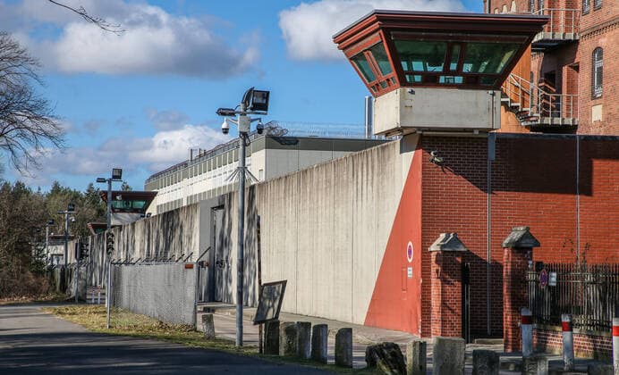 Tegel Prison Berlin, 22 03 2020, Tegel Mauer Prison surrounded by barbed wire Tegel Prison between guard towers Berlin Berlin Berlin Germany Tegel Prison