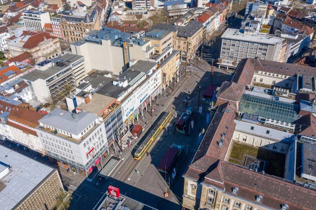 Aerial view city center on 22 03 2020 in Karlsruhe , Germany Europaplatz Karlsruhe city center west western part Baden Württemberg Germany