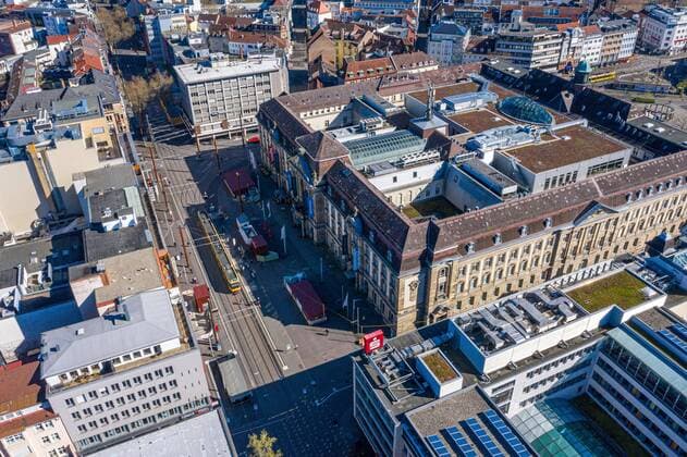 Aerial view city center on 22 03 2020 in Karlsruhe , Germany Europaplatz, on the right the Postgalerie Karlsruhe city center west western part Baden Württemberg Germany