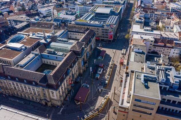 Aerial view city center on 22 03 2020 in Karlsruhe , Germany Europaplatz, left the Postgalerie Karlsruhe city center west eastern part Baden Württemberg Germany