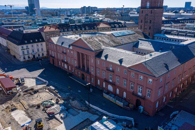 Aerial view city center on 22 03 2020 in Karlsruhe , Germany The Karlsruhe city hall at the market place in the construction stage of the combined solution Karlsruhe city center east southwest Te Baden Württemberg Germany
