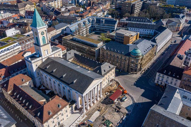 Aerial view city center on 22 03 2020 in Karlsruhe , Germany The protestant city church at the market place Karlsruhe city center west eastern part Baden Württemberg Germany