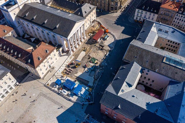 Aerial view city center on 22 03 2020 in Karlsruhe , Germany The market place of Karlsruhe in the state of construction of the combined solution Left the protestant city church, right the city hall Karlsruhe city center west eastern part Baden Württemberg Germany