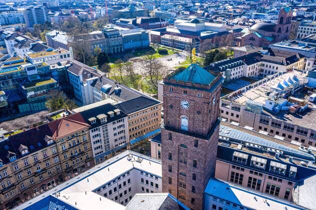 Aerial view city center on 22 03 2020 in Karlsruhe , Germany Tower of the Karlsruhe City Hall, in the background Friedrichsplatz Karlsruhe city center West Eastern part Baden Württemberg Germany