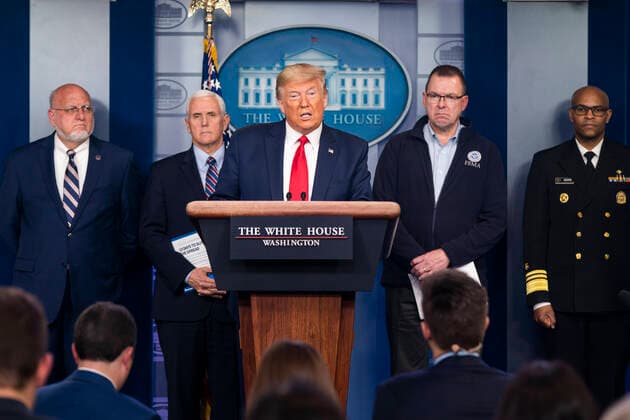 March 22, 2020, Washington, District of Columbia, USA: United States President Donald J. Trump speaks during the daily briefing on the Coronavirus Pandemic from the Brady Press Briefing Room if the White House in Washington, DC on Sunday, March 22, 2020. Standing behind the President, from left to Right: Director of the Centers for Disease Control and Prevention Dr. Robert Redfield; US Vice President Mike Pence; Pete Gaynor, Administrator, Federal Emergency Management Agency (FEMA); and US Surgeon General Vice Admiral (VADM) Jerome M. Adams, M.D., M.P.H Washington USA - ZUMAs152 20200322_zaa_s152_001 Copyright: xJimxLoscalzox