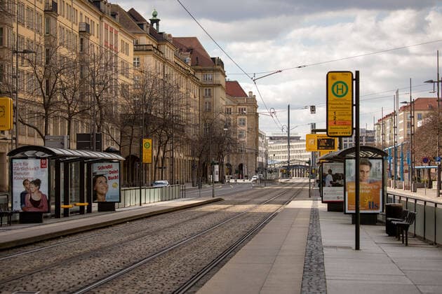 Sunday afternoon day 2 after the municipal general decree with exit restrictions in Dresden due to the new Coronavirus tram stop at Pirnaischer Platz with view towards Postplatz 22 03 2020, Dresden, Germany, Old Town, Dresden
