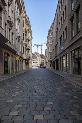 Sunday afternoon day 2 after the city general decree with exit restrictions in Dresden due to the novel coronavirus Empty Frauenstraße with view towards Neumarkt 22 03 2020, Dresden, Germany, Old Town, Dresden