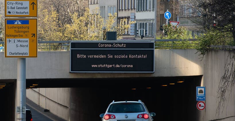 Coronavirus COVID 19 boards of the state capital Stuttgart informing about the handling of the coronavirus The information boards are located along all major entry roads into the state capital Stuttgart Mitte Baden Württemberg Germany Copyright: xLeif-HendrikxPiechowskix