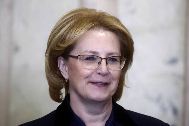 MOSCOW, RUSSIA - MARCH 23, 2020: Russia s Healthcare Minister Veronika Skvortsova during a press briefing as part of the demonstration of a polymerase chain reaction (PCR) kit for COVID-19 coronavirus testing at the Federal Research and Clinical Center of Physical-Chemical Medicine of the Federal Medical and Biological Agency (FMBA). Sergei Fadeichev TASS  TS0D31DF