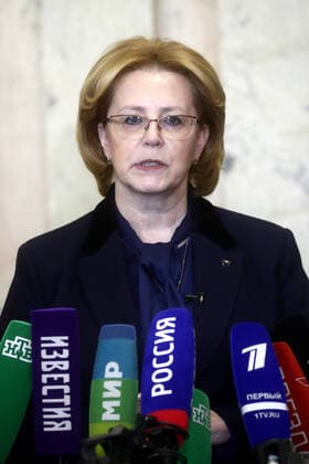 MOSCOW, RUSSIA - MARCH 23, 2020: Federal Medical and Biological Agency Head Veronika Skvortsova during a press briefing as part of the demonstration of a polymerase chain reaction (PCR) kit for COVID-19 coronavirus testing at the Federal Research and Clinical Center of Physical-Chemical Medicine of the Federal Medical and Biological Agency (FMBA). Sergei Fadeichev TASS  TS0D31E5