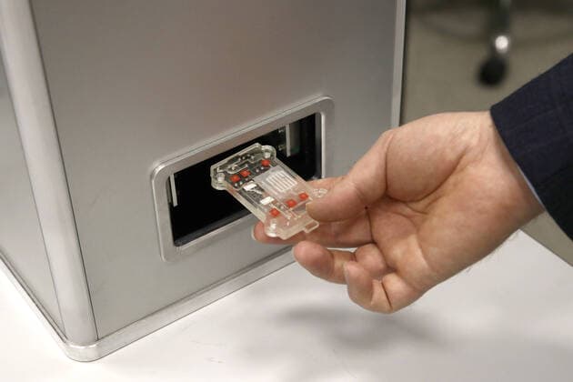 MOSCOW, RUSSIA - MARCH 23, 2020: A chip from a polymerase chain reaction (PCR) kit for COVID-19 coronavirus testing at the Federal Research and Clinical Center of Physical-Chemical Medicine of the Federal Medical and Biological Agency (FMBA). Sergei Fadeichev TASS  TS0D322D