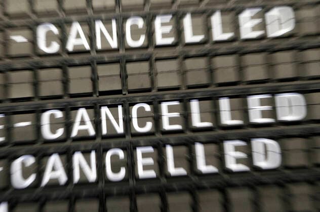 Air traffic has almost come to a complete standstill due to the corona crisis The low demand for air travel has led to numerous cancellations of flights from Frankfurt Airport, Hesse, Germany Scoreboard with cancelled departures paint a gloomy picture of the travel industry