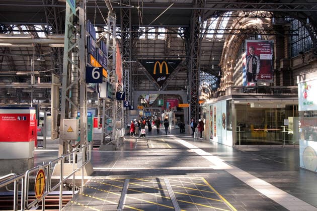Under normal conditions, Sunday afternoons are among the days with the highest travel intensity, but the fear of coronavirus infection leads to an almost deserted central station in Frankfurt, Hessen, Germany