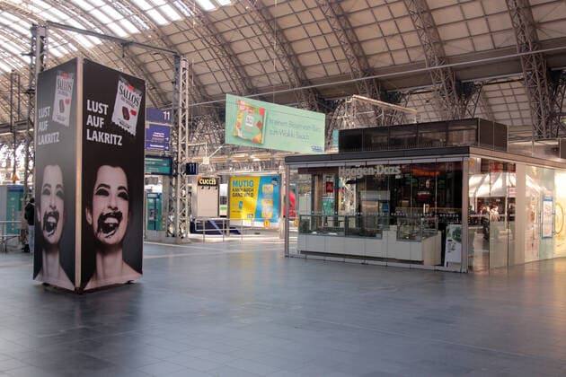 Under normal conditions, Sunday afternoons are among the days with the highest travel intensity, but the fear of coronavirus infection leads to an almost deserted central station in Frankfurt, Hessen, Germany