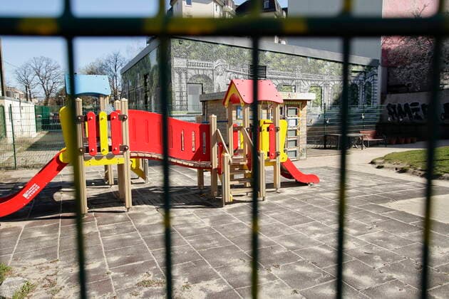 23 03 2020, Berlin, Germany Corona crisis Photo Closed playground in Berlin Friedrichshain due to corona epidemic