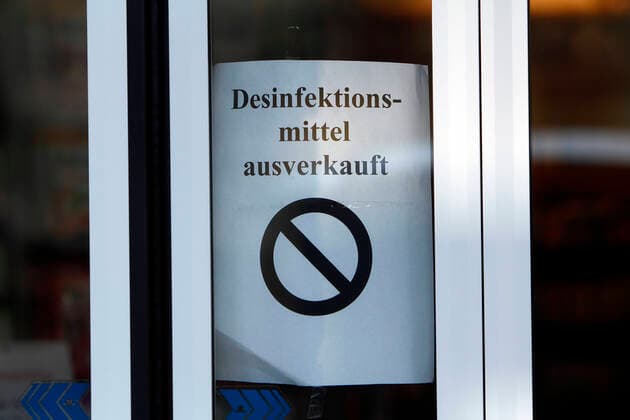 Poster with inscription Disinfectant sold out at a closed pharmacy in the city center of Mannheim, Baden Württemberg, Germany