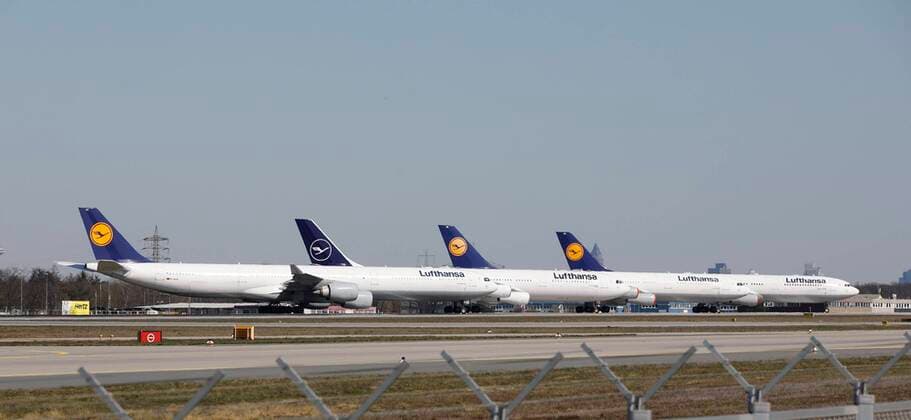 Germany Frankfurt 23 03 2020 Frankfurt Airport the northwest runway becomes a Lufthansa parking lot Economy Frankfurt Airport runway becomes a parking lot