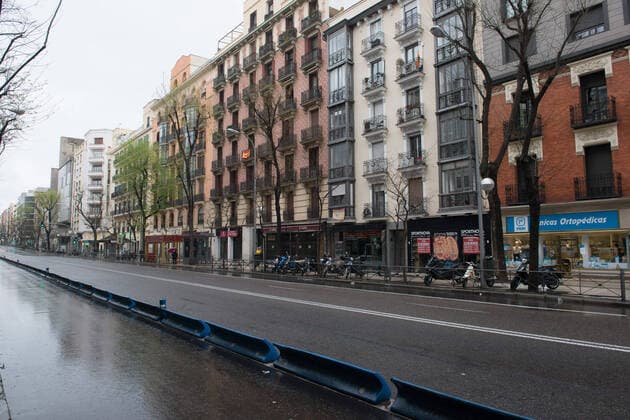 March 23, 2020, Madrid, MADRID, SPAIN: Conde Penalver Street during seventh day after the Government declared the state of alarm in Spain and recommended people to stay at home to fight coronavirus COVID-19 on March 23, 2020 in Madrid, Spain Madrid SPAIN - ZUMAa181 20200323_zaa_a181_004 Copyright: xJoaquinxCorcherox