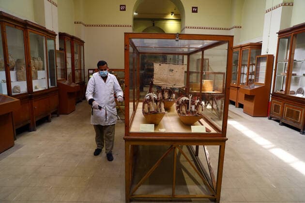 (200323) -- CAIRO, March 23, 2020 -- A man sprays disinfectant at the Egyptian Museum in downtown Cairo, Egypt, March 23, 2020. Egypt confirmed on Sunday 33 new COVID-19 cases, raising the total cases in the country to 327, the Egyptian Health Ministry said in a statement. The Egyptian Ministry of Tourism and Antiquities announced on Saturday the shutting down of all museums and archeological sites and attractions nationwide from March 23 to 31 for sterilization. (Photo by Ahmed Gomaa Xinhua) EGYPT-CAIRO-EGYPTIAN MUSEUM-COVID-19-MEASURES WuxHuiwo 