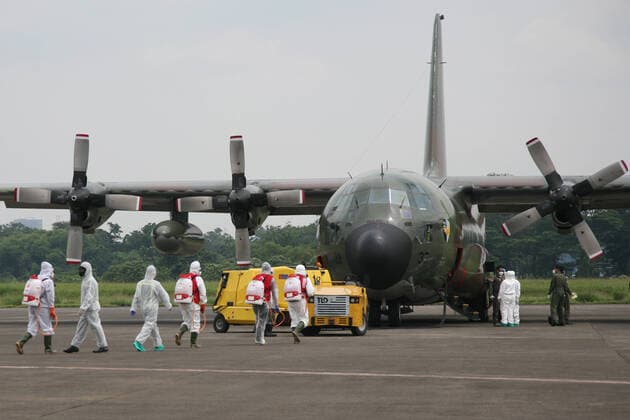 Indonesia: Health equipment in handling Covid-19 About 9 tons of Health Equipment from Shanghai, China were transported using the Hercules C-130 aircraft belonging to the Indonesian National Army Air Force, which will be used to deal with the corona virus (covid-19) outbreak in Indonesia. Arrived at Halim Perdanakusuma Air Field, East Jakarta. Jakarta DKI Jakarta Indonesia Copyright: KuncoroxWidyoxRumpoko