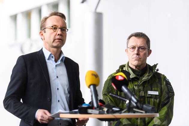 200323 Björn Eriksson, Head of Regional Special Health Management and Health and Health Director of the Stockholm Region, and Thomas Karlsson, Head of the Central Military Region, the Swedish Armed Forces, during a press conference as a result of the spaces at the Stockholm Fair in Älvsjö being converted into guard rooms on March 23, 2020 in Stockholm.,  Copyright: MAXIMxTHORE 47090432st