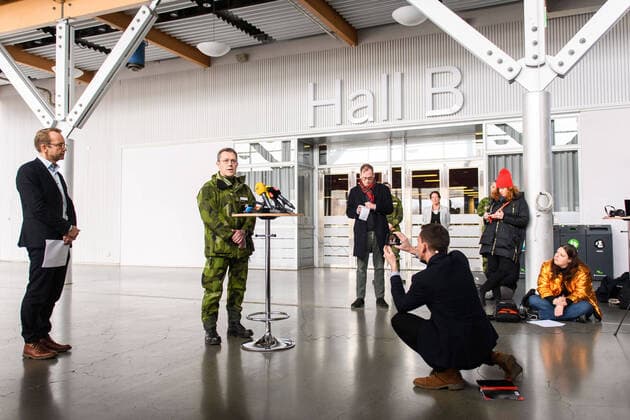 200323 Björn Eriksson, Head of Regional Special Health Management and Health and Health Director of the Stockholm Region, and Thomas Karlsson, Head of the Central Military Region, the Swedish Armed Forces, during a press conference as a result of the spaces at the Stockholm Fair in Älvsjö being converted into guard rooms on March 23, 2020 in Stockholm.,  Copyright: MAXIMxTHORE 47090496st