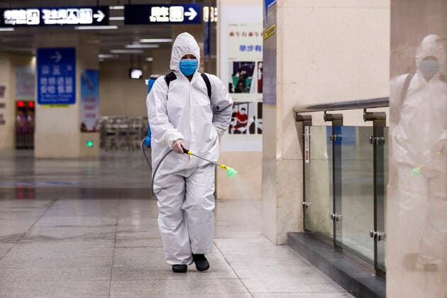 (200323) -- WUHAN, March 23, 2020 -- A staff conducts disinfection at the subway station of Hankou Railway Station in Wuhan, central China s Hubei Province, March 23, 2020. Wuhan is making preparations for restoring the operation of public transportation. The public need to go through real-name registration for taking public transportation or taxis in Wuhan, capital of central China s Hubei Province, authorities said Sunday. ) CHINA-HUBEI-WUHAN-PUBLIC TRANSPORTATION SYSTEM-PREPARATION-OPERATION RESTORATION (CN) ShenxBohan 