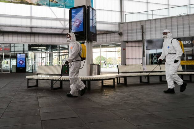 March 23, 2020, Valencia, VALENCIA, SPAIN: Illustration, UME soldiers carry out disinfection of the North Station, Valencia during the second week after the Government declared the state of alarm in Spain and recommended people to stay at home to fight coronavirus COVID-19 on March 23, 2020 in Valencia, Spain Valencia SPAIN - ZUMAa181 20200323_zaa_a181_091 Copyright: xIvanxTerronx