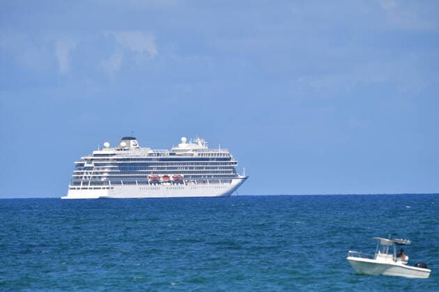 March 23, 2020, Fort Lauderdale, Florida, United States Of America: FORT LAUDERDALE, FL - MARCH 23: COVID-19 Port of Everglades in Fort Lauderdale has an Erie-ly Calm to it as gas truck pulls in and a Viking Cruise line which seems empty sits anchored offshore perhaps for future us as a floating hospital after Florida Gov. Ron DeSantis orders all entertainment venues, restaurants, and beaches to close in Broward and Palm Beach Counties in an effort to slow the spread of the Coronavirus on March 23, 2020 in Fort Lauderdale, Florida..People: Port Everglades Fort Lauderdale United States Of America - ZUMAn287 20200323_zaa_n287_006 Copyright: xSMGx