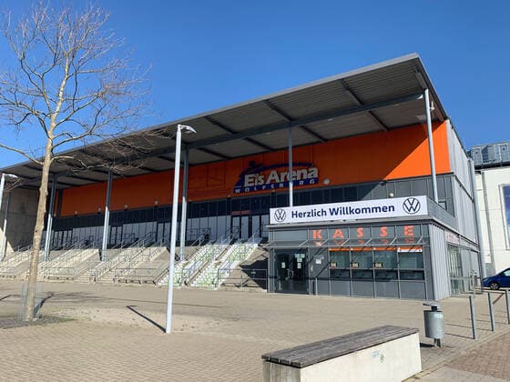 View of the main entrance to the Eis Arena Wolfsburg