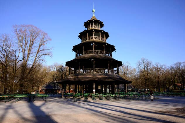 Beer garden at the Chinese Tower in the English Garden deserted Restricted access in Bavaria due to Corona Pandemic Day 3, Munich on 23 03 2020