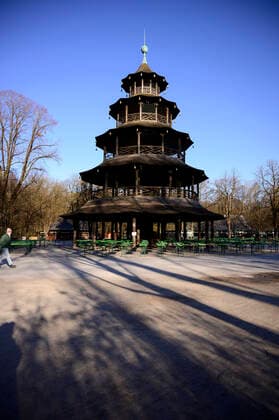 Beer garden at the Chinese Tower in the English Garden deserted Restricted access in Bavaria due to Corona Pandemic Day 3, Munich on 23 03 2020