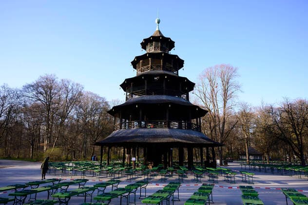 Beer garden at the Chinese Tower in the English Garden deserted Restricted access in Bavaria due to Corona Pandemic Day 3, Munich on 23 03 2020