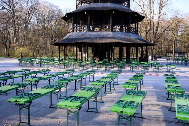 Beer garden at the Chinese Tower in the English Garden deserted Restricted access in Bavaria due to Corona Pandemic Day 3, Munich on 23 03 2020