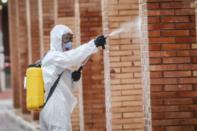 March 23, 2020: March 23, 2020 (Malaga ) The Spanish Military Unit UME, has carried out disinfection tasks at the main bus station in Malaga, to prevent the spread of the Coronavirus due to the passenger traffic that passes daily through the station. The Spanish military use bleach to clean up the surrounding area. - ZUMAc161 20200323_zap_c161_023 Copyright: xLorenzoxCarnerox