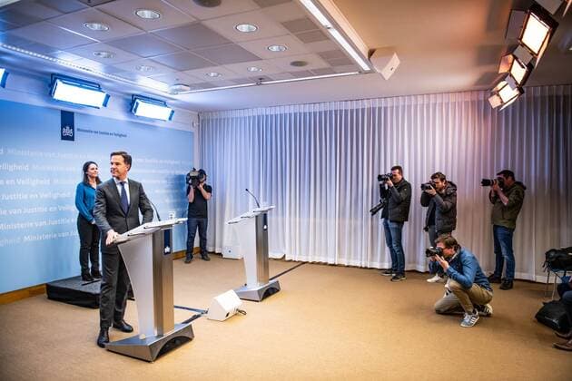 DEN HAAG, 23-03-2020, New measures for the coronavirus in the Netherlands presented during a press conference by Minister President minister Algemene Zaken Mark Rutte, Minister voor Medische Zorg en Sport Martin van Rijn, Viceminister President en Minister van Volksgezondheid, Welzijn en Sport Hugo de Jonge and Minister van Justitie en Veiligheid Ferdinand Grapperhaus. New measures announched for coronavirus  x7573194x Copyright: