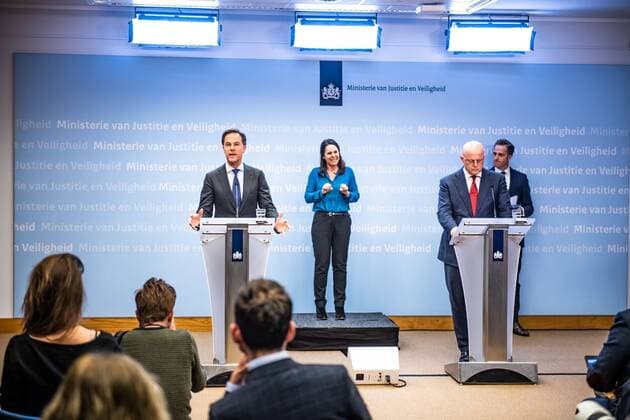 DEN HAAG, 23-03-2020, New measures for the coronavirus in the Netherlands presented during a press conference by Minister President minister Algemene Zaken Mark Rutte, Minister voor Medische Zorg en Sport Martin van Rijn, Viceminister President en Minister van Volksgezondheid, Welzijn en Sport Hugo de Jonge and Minister van Justitie en Veiligheid Ferdinand Grapperhaus. New measures announched for coronavirus  x7573195x Copyright: