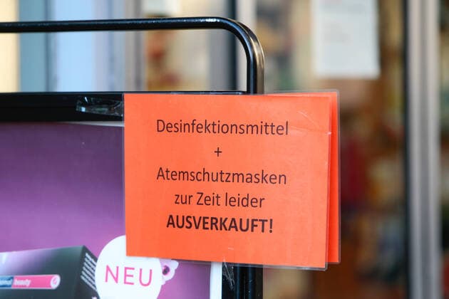 23 03 2020, xtgx, effects of the corona virus in Wolfsburg, sign at a pharmacy, disinfectants and respiratory masks sold out, disinfection, masks, protective masks Wolfsburg