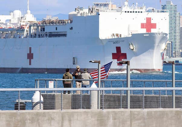 March 23, 2020, San Diego, CA, USA: San Diego-based Navy hospital ship USNS Mercy leaves San Diego Bay on its way to Los Angeles where it will provide overflow support for non-coronavirus patients amid the area s surge of coronavirus patients. San Diego USA - ZUMAga3_ 20200323_zap_ga3_004 Copyright: xJohnxGastaldox