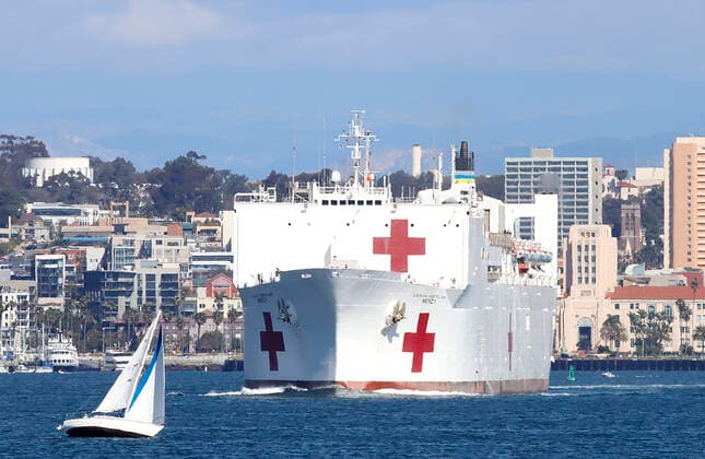 March 23, 2020, San Diego, California, USA: San Diego-based Navy hospital ship USNS Mercy leaves San Diego Bay on its way to Los Angeles where it will provide overflow support for non-coronavirus patients amid the area s surge of coronavirus patients. San Diego USA - ZUMAga3_ 20200323_zap_ga3_003 Copyright: xJohnxGastaldox