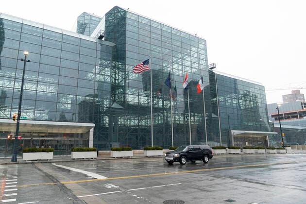 Governor Andrew Cuomo tours Jacob Javits Center Exterior of empty Jacob Javits Convention Center where military sets hospitals to help fight coronavirus cases New York New York United States Copyright: LevxRadin